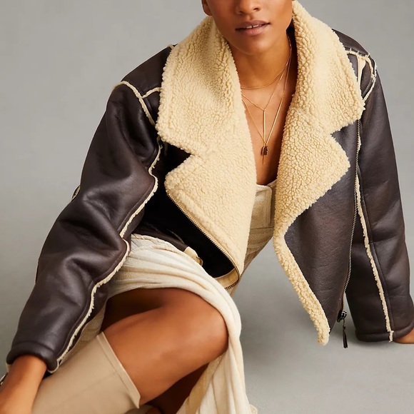 NWT Anthropologie Faux Leather Sherpa Aviator Jacket - Picture 3 of 6